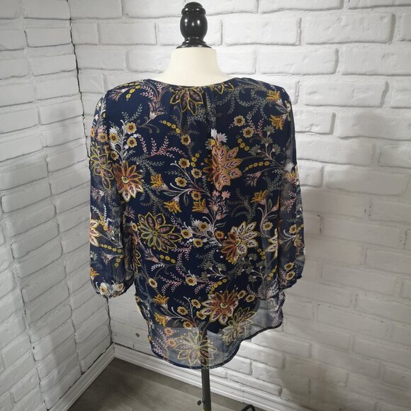 St John's Bay Ladies Size Small Navy with Flower Pattern Loose Fit Blouse - Picture 2 of 7